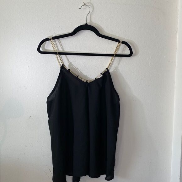EUC Guess Black Gold Chain Strap Black Slinky Camisole Top - Picture 6 of 11